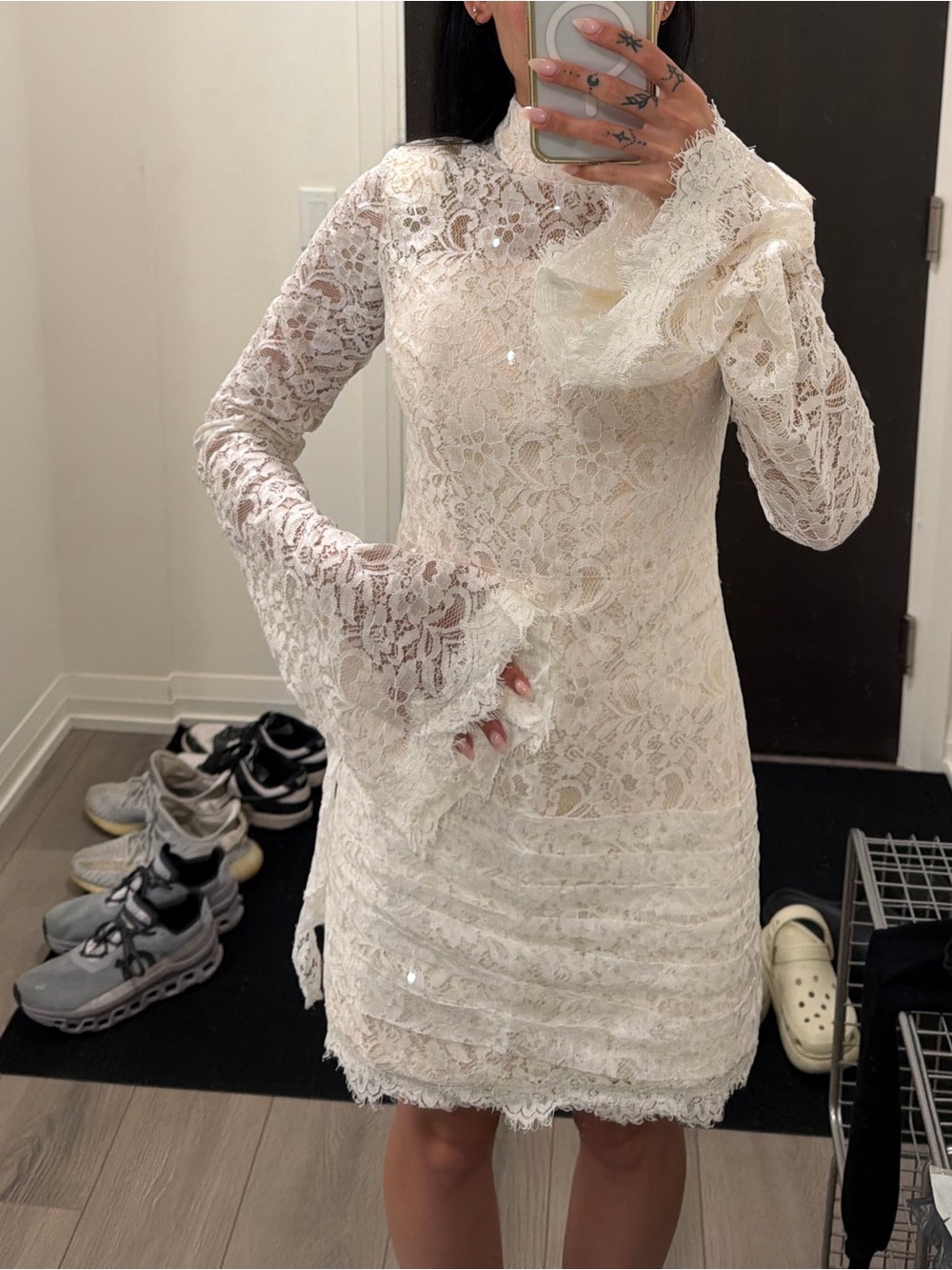 Elegant White Lace Long-Sleeve Mini Dress / Bridal Shower